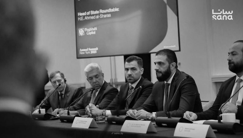 Syrian President Ahmed al-Sharaa speaks at a Concordia-organised summit in New York, 22 September 2025. Investor Baihas Baghdadi is in the second seat to his right.