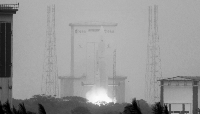 The European Space Agency (ESA) Ariane 6 rocket lifts off from the Guiana Space Centre in Kourou, French Guiana, on 6 March 2025, carrying the CSO-3 satellite of the French government's armament agency DGA. 