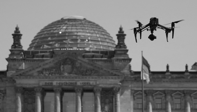 A drone flies near the Reichstag during a protest on 24 April 2020 in Berlin.