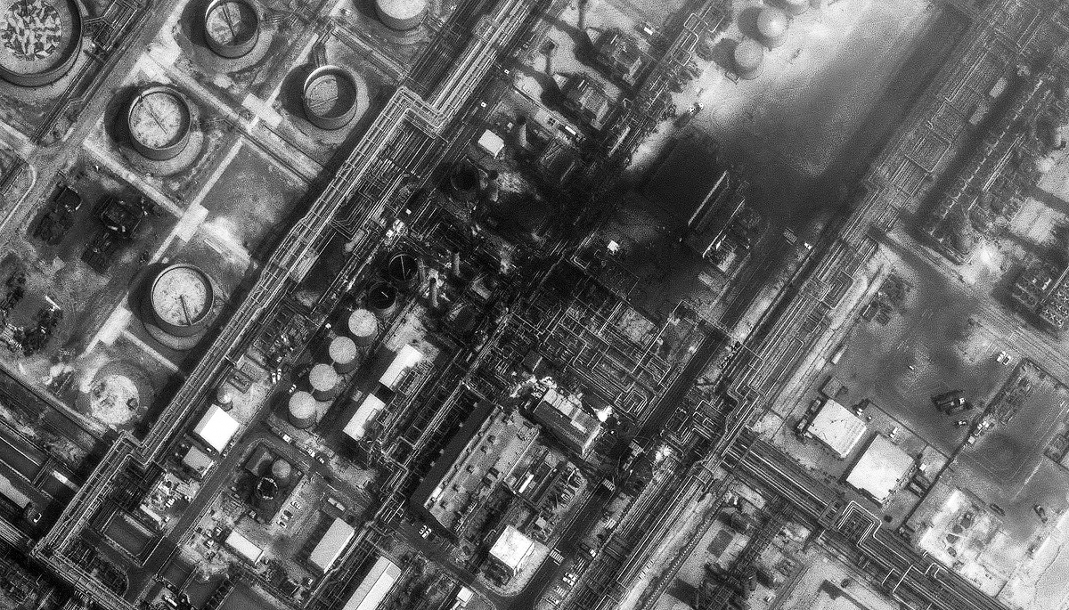Satellite image showing the damage sustained by Aramco's Ras Tanura refinery following an Iranian drone attack on 2 March 2026.