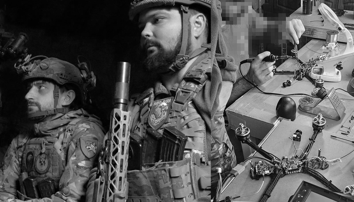 On the left, the BORA BORA unit of Ukraine’s 25th Airborne Brigade. On the right, a ‘drone lab’ preparing drones for combat.