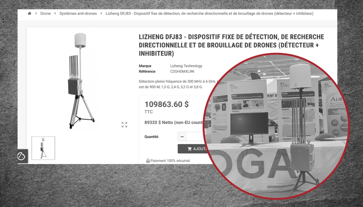 France's DGA procurement agency's aerial drone detection device (R) presented at the UAV Show 2025 in Bordeaux and China's Lizheng DFJ83 system for sale on a Polish website (L).