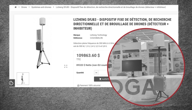 France's DGA procurement agency's aerial drone detection device (R) presented at the UAV Show 2025 in Bordeaux and China's Lizheng DFJ83 system for sale on a Polish website (L).