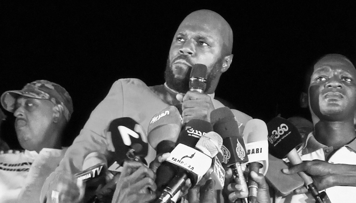 Pan-Africanist influencer Kemi Seba speaks during a protest in Niamey urging the withdrawal of French troops from Niger, on 28 September 2023.