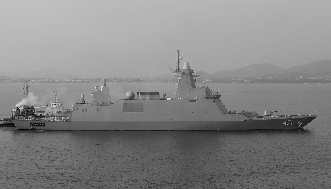 The first Bhumibol Adulyadej class frigate on delivery to the Royal Thai Navy in 2019.