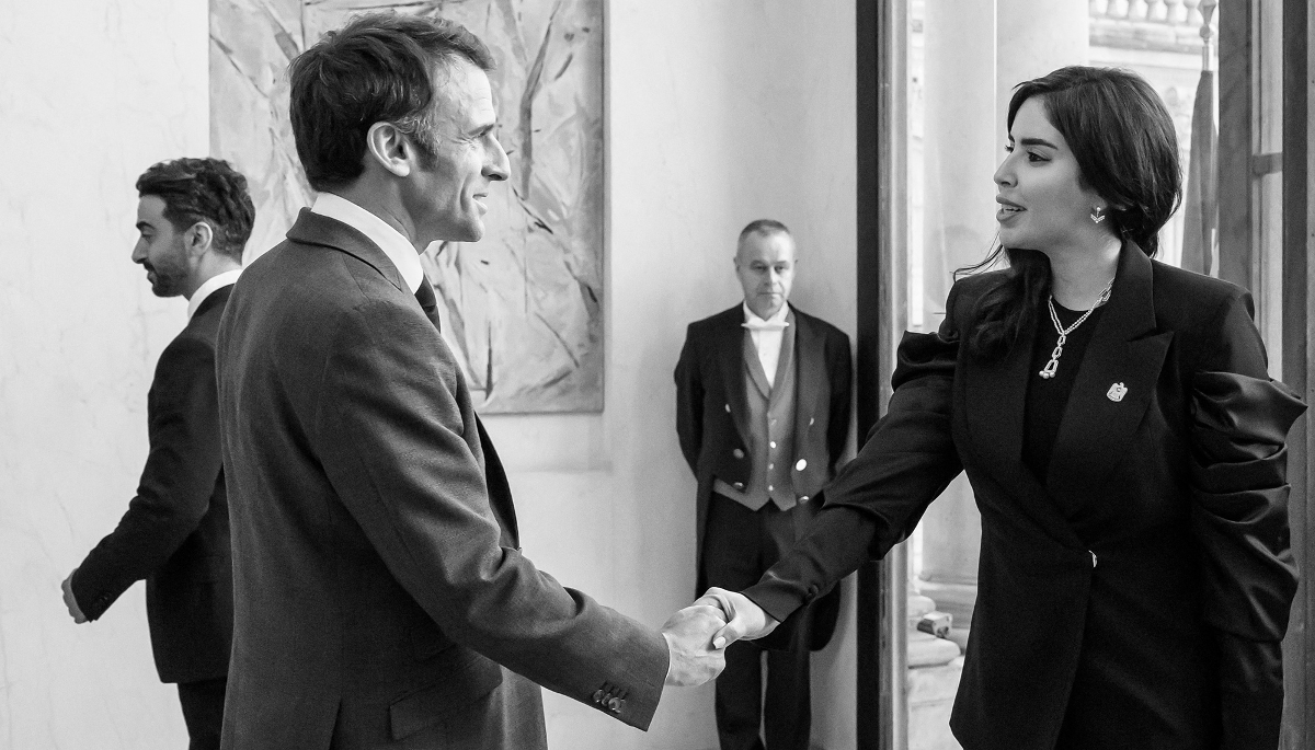 French President Emmanuel Macron and Hend Al Otaiba, then UAE ambassador to France, in Paris, on 11 May 2023.
