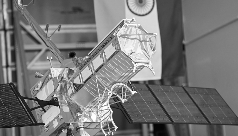 A scale model of the NISAR satellite, a joint Earth-observing mission between NASA and the Indian Space Research Organization (ISRO), is displayed at NASA's Jet Propulsion Laboratory (JPL) in Pasadena, California on 3 February 2023.