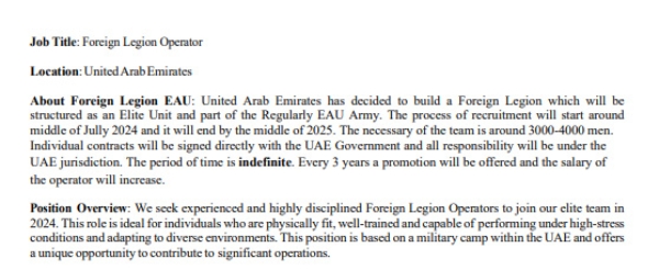 A job advertisement for a Foreign Legion Operator has been circulating among French Special Forces veterans for several days. The document was created on 21 February 2024.