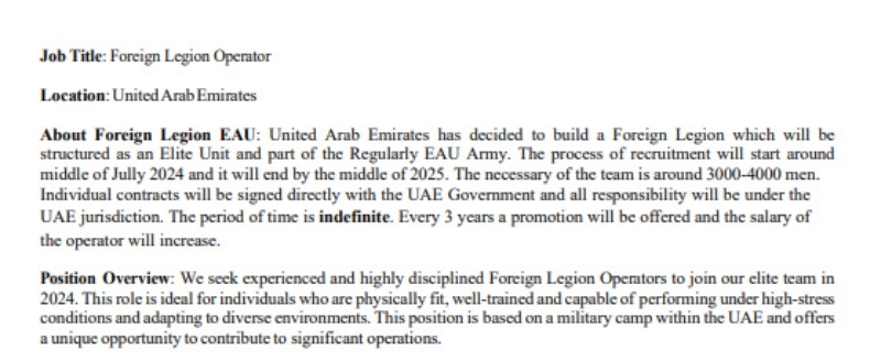 A job advertisement for a Foreign Legion Operator has been circulating among French Special Forces veterans for several days. The document was created on 21 February 2024.