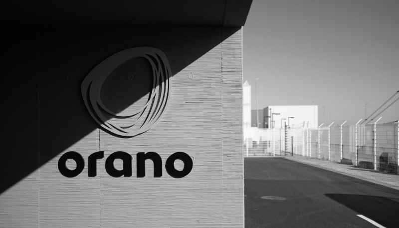 Orano's logo on the outside of the nuclear fuel reprocessing plant in La Hague, north-west France, on 7 March 2024.