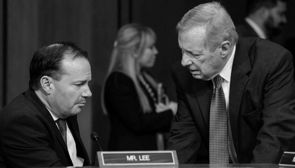 US Senators Mike Lee (left) and Dick Durbin in Washington, DC, on 4 April 2022. They  have introduced a bill aimed at protecting the personal information of US citizens.
