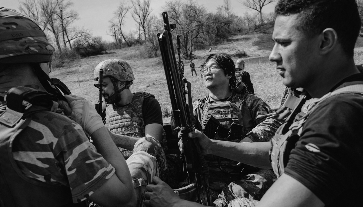 International Volunteer Legion recruits during training exercises in the Donetsk Oblast, on 8 April 2024.