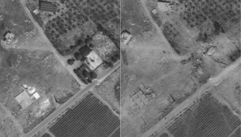 Combination of satellite images released by Maxar Technologies on 26 September 2024 showing an area in Lebanon before (left) and after an Israeli strike.