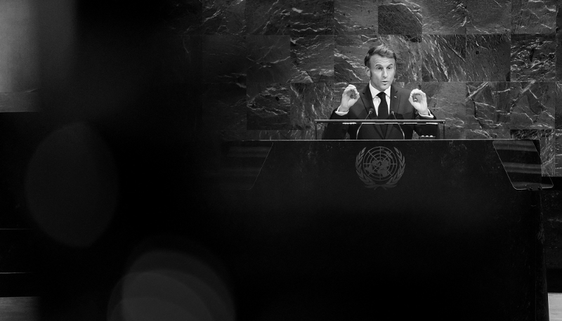Emmanuel Macron addressing the UN General Assembly during his speech on France's recognition of a Palestinian state.