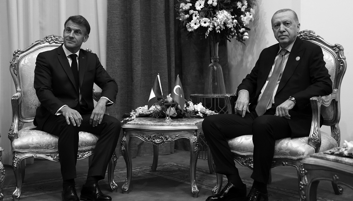 French President Emmanuel Macron attends a bilateral meeting with Turkish President Recep Tayyip Erdogan at the Gaza International Peace Summit in Sharm el-Sheikh, Egypt, on 13 October 2025.
