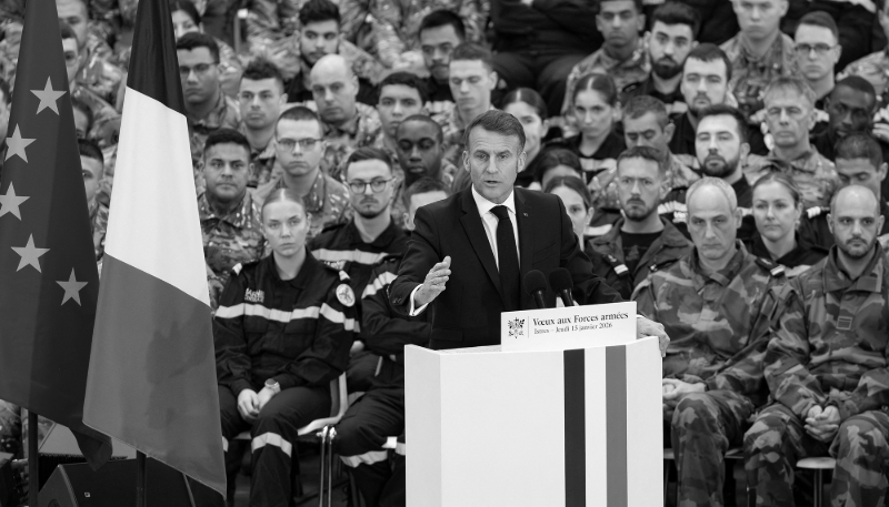 French President Emmanuel Macron delivering his New Year's address to the French armed forces at Istres-Le Tubé Air Base 125, on 15 January 2026.
