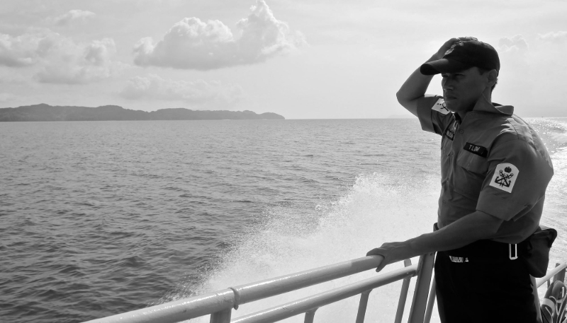 A Malaysian Navy sailor patrolling near Langkawi Island, Malaysia in 2015. The Malaysian Maritime Enforcement Agency recently requested training for its coastguards under the EU's ESIWA security programme.