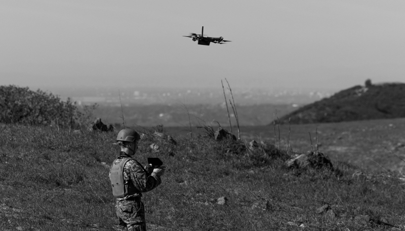 A marine launches a Skydio X2D unmanned aerial system in California, on 7 February 2023.