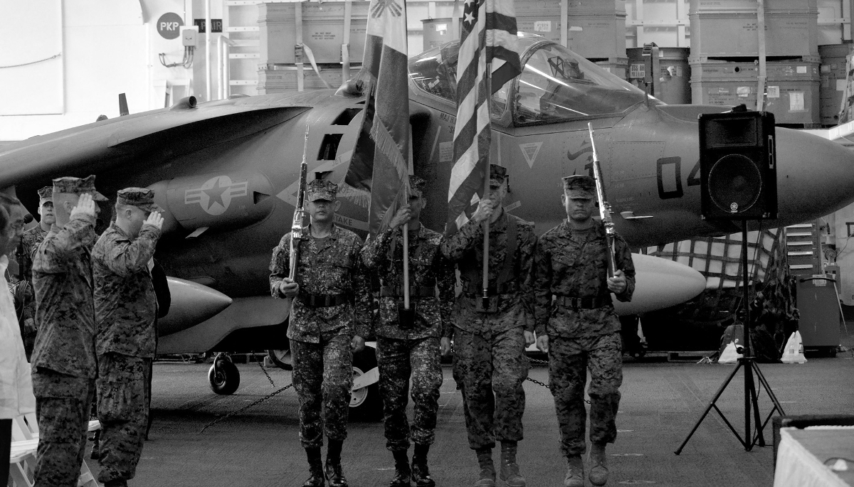 Philippine and US Marines aboard a US vessel at Subic Bay base.