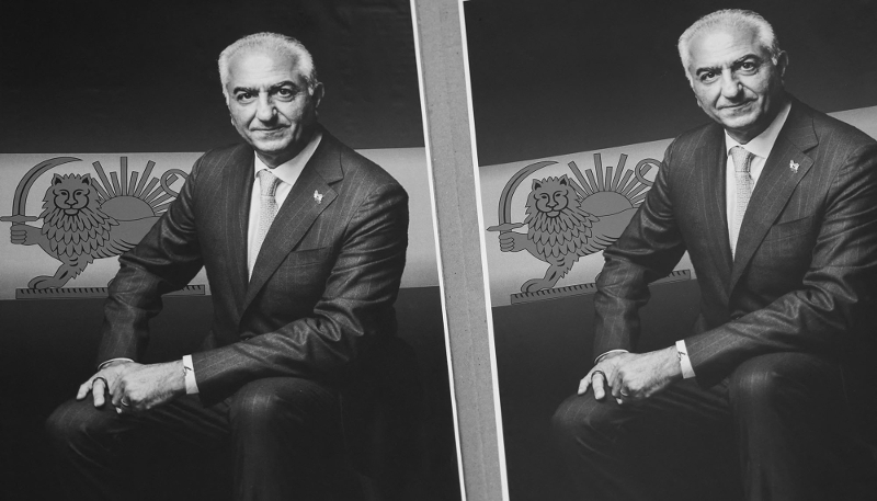 A banner bearing the image of Reza Pahlavi during a demonstration in support of the Iranian people in Kraków in Poland, on 8 March 2026.