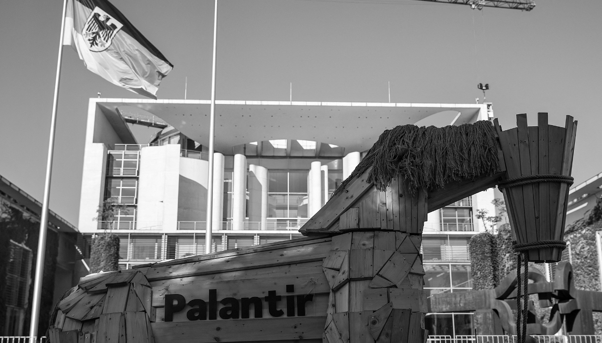 Protests outside the German Chancellery in Berlin against the federal government's adoption of Palantir software, on 3 September 2023.