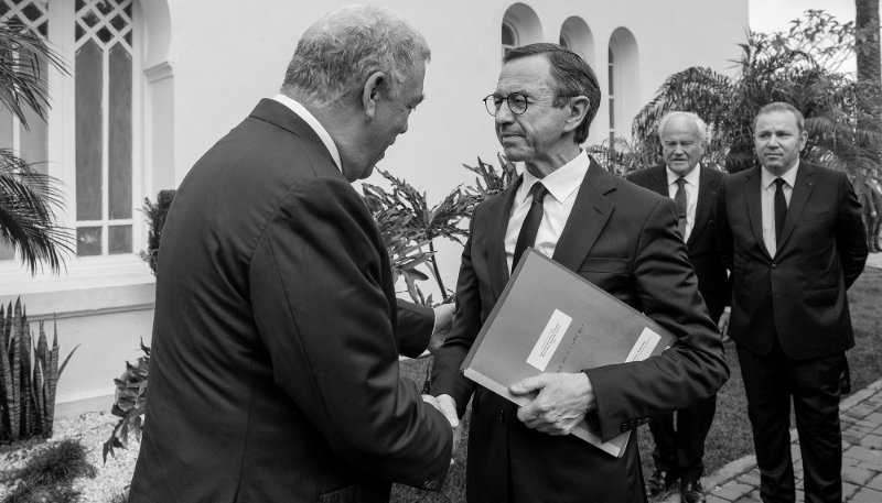 Moroccan Interior Minister Abdelouafi Laftit (L) greets his French counterpart Bruno Retailleau on his arrival for a meeting in Rabat, Morocco, 14 April 2025.

