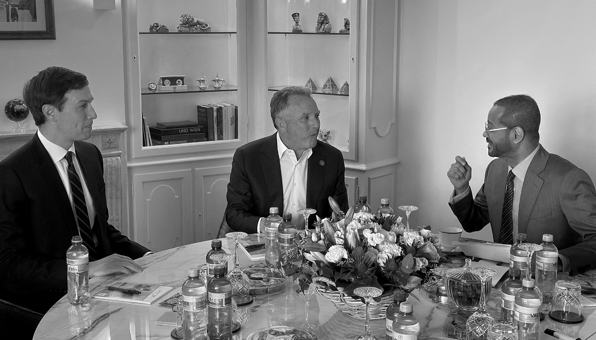 The US president's son-in-law Jared Kushner, US Special Envoy to the Middle East Steve Witkoff, and Oman's Foreign Minister Sayyid Badr bin Hamad Al Busaidi in Geneva, on 17 February 2025.