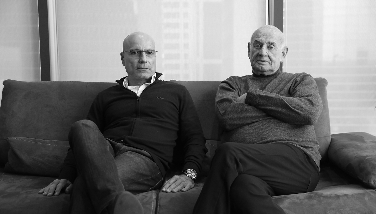 Zvika Nave (left), founder of CGI Group, and Yaakov Peri (right), the company’s current chairman and former director of the Shin Bet, at CGI’s offices in Tel Aviv in 2020.