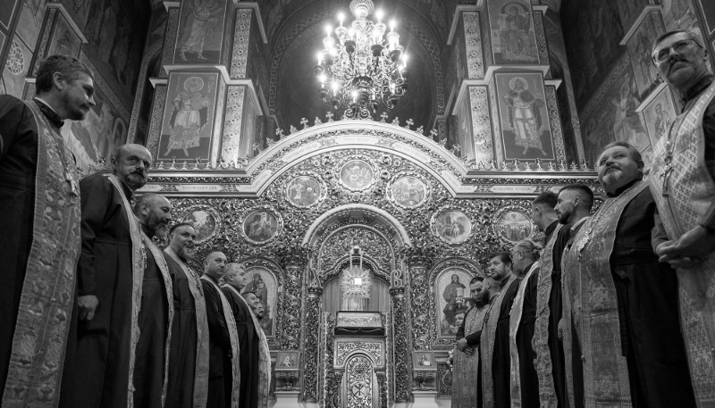 Army chaplains from the Orthodox Church of Ukraine at St. Michael's Cathedral in Kyiv, on 21 May 2025.