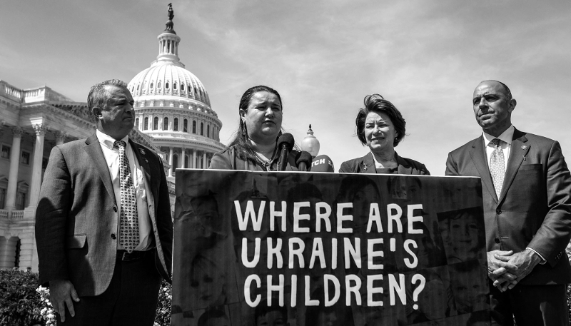 Oksana Markarova, then Ukraine’s ambassador to the United States, speaks at a press conference in Washington regarding a resolution condemning Russia for the abduction of Ukrainian children, on 19 April 2023. From left to right: Representative Don Bacon, Oksana Markarova, Senator Amy Klobuchar and Representative Jimmy Panetta.