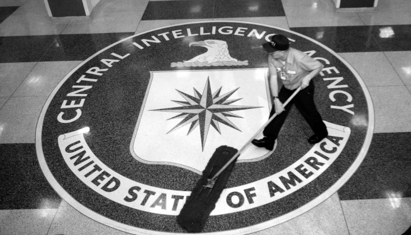 A worker cleaning the lobby floor at CIA headquarters in Langley, US.
