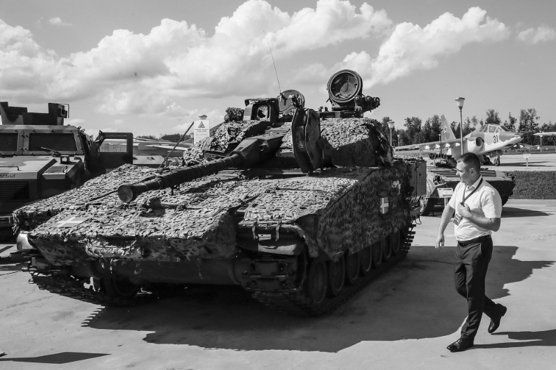 The CV90, the latest generation infantry fighting vehicle manufactured by Saab, on display at the Army 2023 exhibition in Moscow.