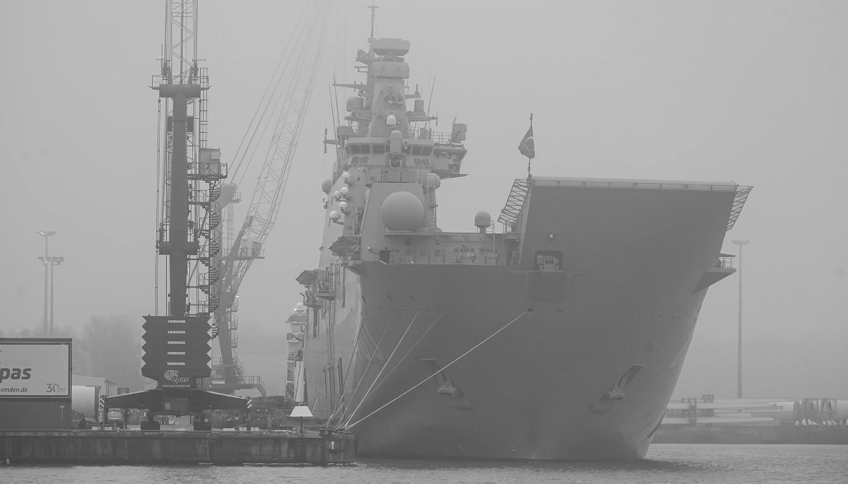 The Turkish amphibious assault ship TCG Anadolu taking part in a NATO exercise, in Emden, Germany, on 8 February 2026.