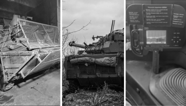 From left: improvised anti-FPV cage made to equip a VAB; AMX 10 RC armoured reconnaissance vehicle; a detection box mounted inside a VAB.