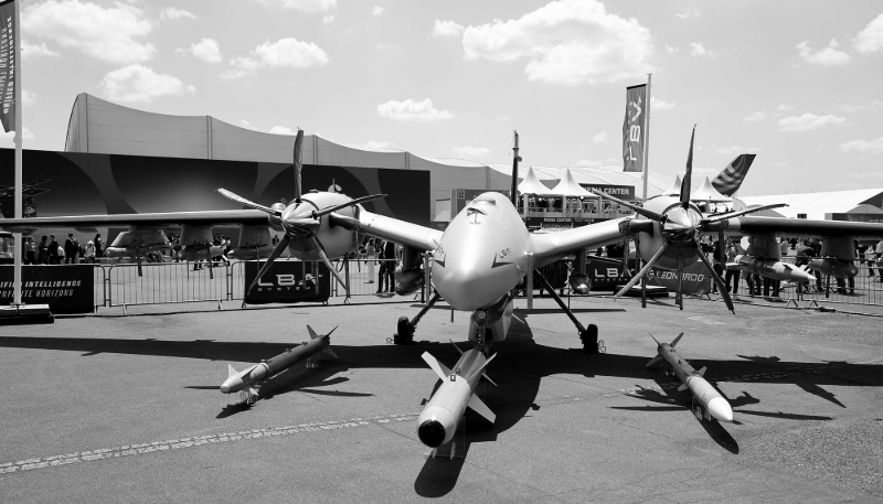 A model of the Bayraktar Akinci drone developed by Turkish manufacturer Baykar on display at the 55th International Paris Air Show in Le Bourget, on 16 June 2025. 