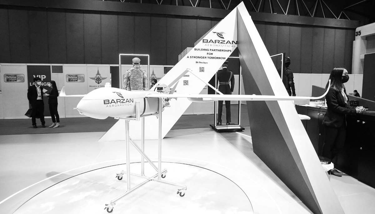 A Barzan drone on display at the Defense and Security 2022 exhibition in Bangkok, Thailand.