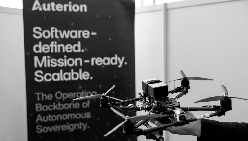 A drone equipped with an Auterion Skynode S controller, on display at a marine drone event in Yilan, Taiwan, 17 June 2025.