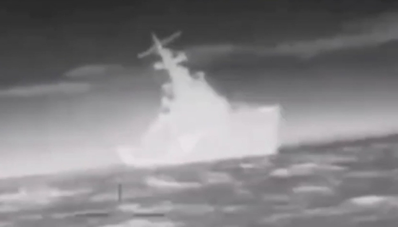 Screenshot from video footage that allegedly shows a naval drone attack by Ukrainian special forces on the Russian ship Ivanovets, during the night of 31 January to 1 February 2024. 