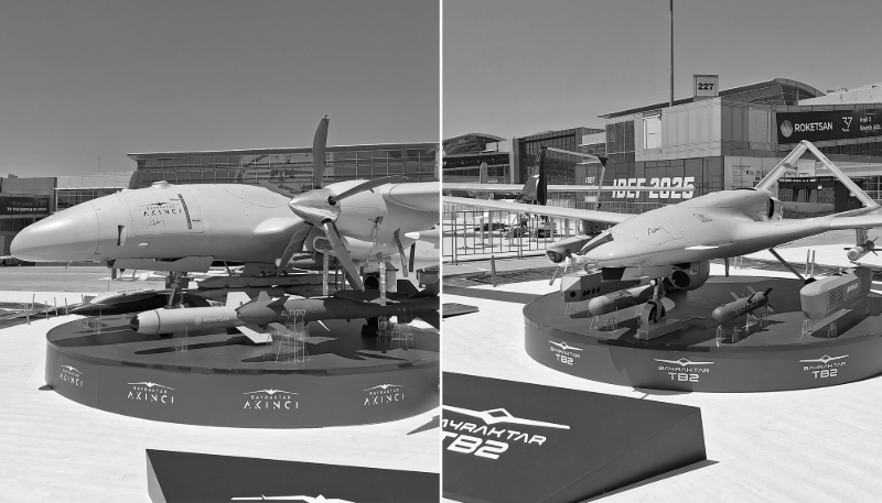Left: an Akinci UAV on display with an Al Tariq missile. Right: a TB2 UAV on display with a Desert Sting missile. Photos taken at the International Defence Industry Fair 2025, Istanbul, Turkey, 24 July 2025.
