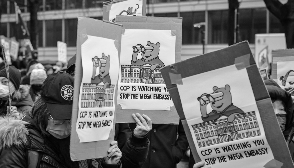 Protesters demonstrate against plans for a new Chinese super-embassy at Royal Mint Court in London on 8 February 2025.  
