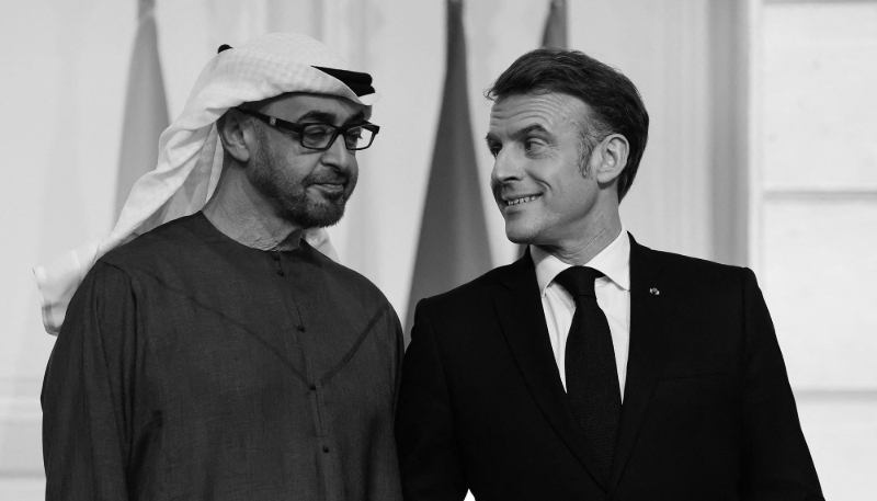 UAE President Mohamed bin Zayed al-Nahyan (left) and French President Emmanuel Macron in Paris, on 6 February 2025. 