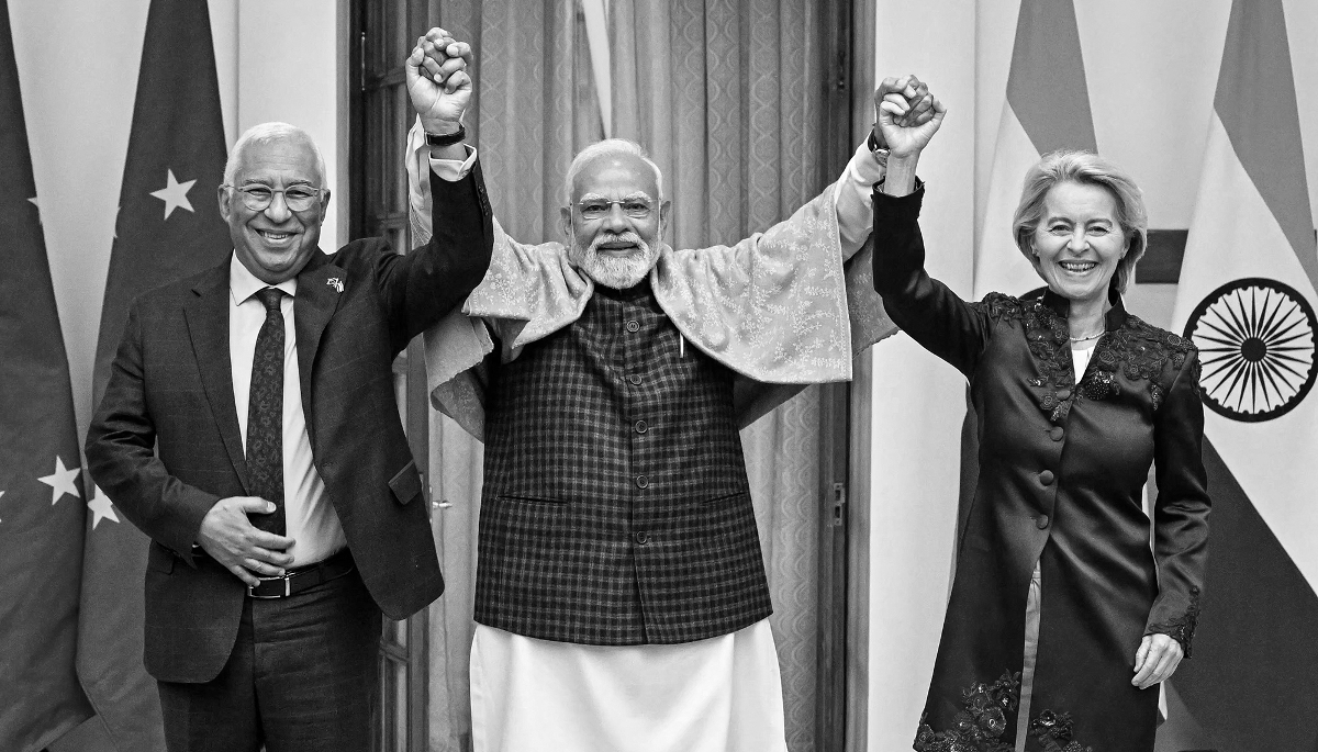 European Council President Antonio Costa with India’s Prime Minister Narendra Modi and European Commission President Ursula von der Leyen in New Delhi, on 27 January 2026.