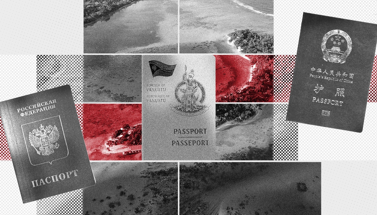 Aerial view of Vanuatu, with Russian, Vanuatu and Chinese passports.