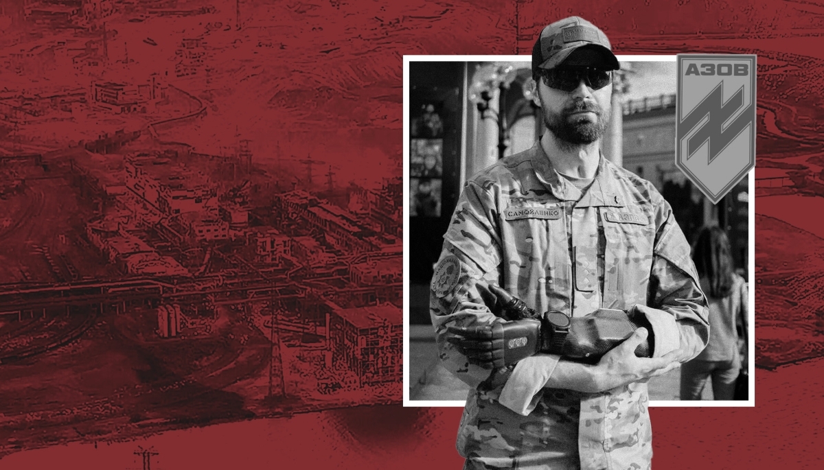 Illia Samoilenko, known as Gandalf, heads intelligence for the 12th Special Forces Brigade Azov. In the background, the Azovstal factory in Mariupol during the siege in 2022.