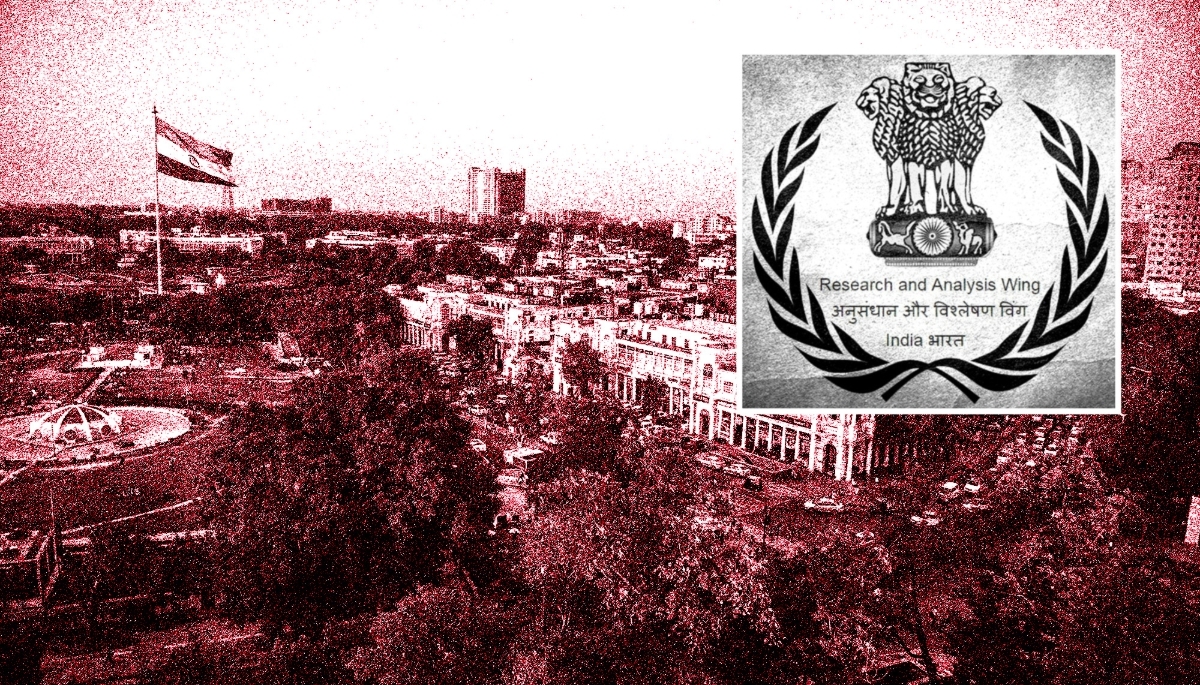 The logo of the Research & Analysis Wing and a view of New Delhi.