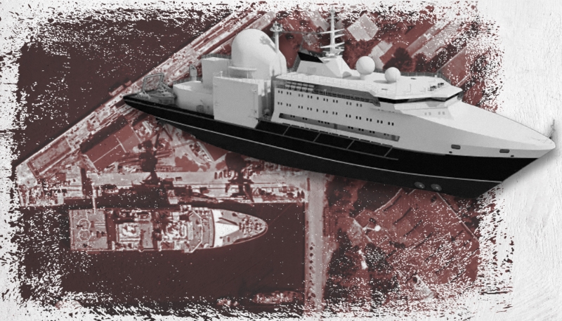 The Almaz, a vessel belonging to the Russian Navy's secret unit specialising in deep-sea operations. Satellite view of the construction site and 3D modelling.