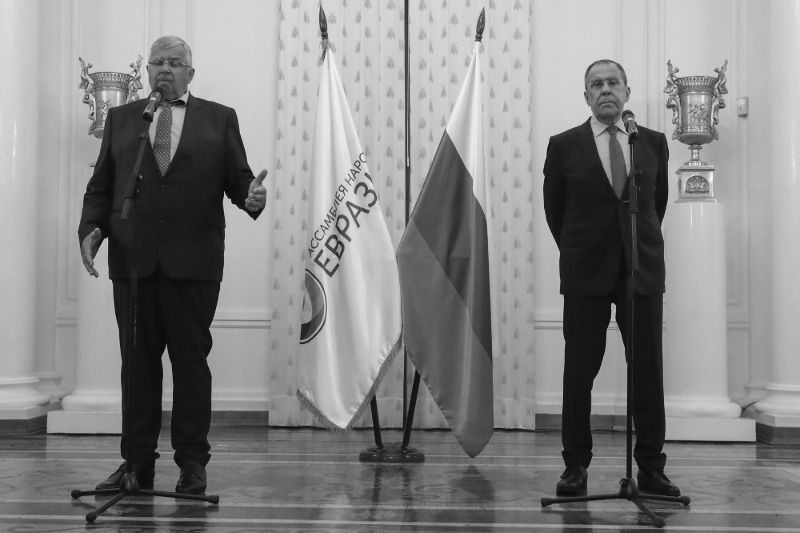 Russian FM Sergey Lavrov (right) and Andrey Belyaninov, Secretary General of the Eurasian People's Assembly (left), at the opening of the Shanghai Cooperation Organisation (SCO) National Centre for Public Diplomacy, Moscow, 30 June 2023.